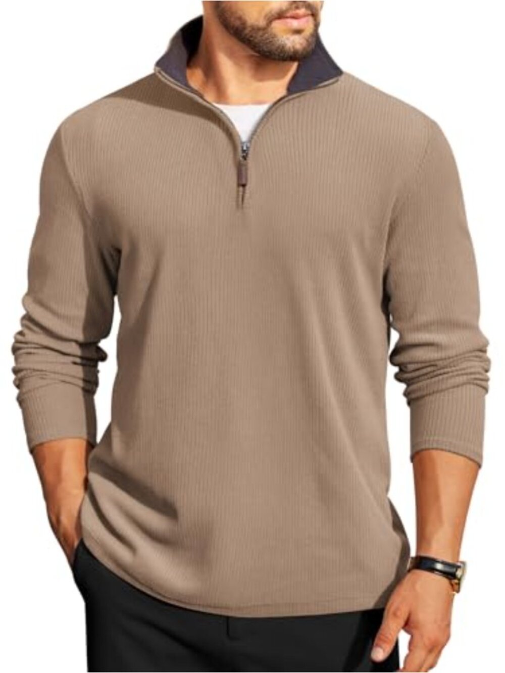 Mens Quarter Zip Corduroy Pullover Mock Neck Contrast Collar Sweatshirt
